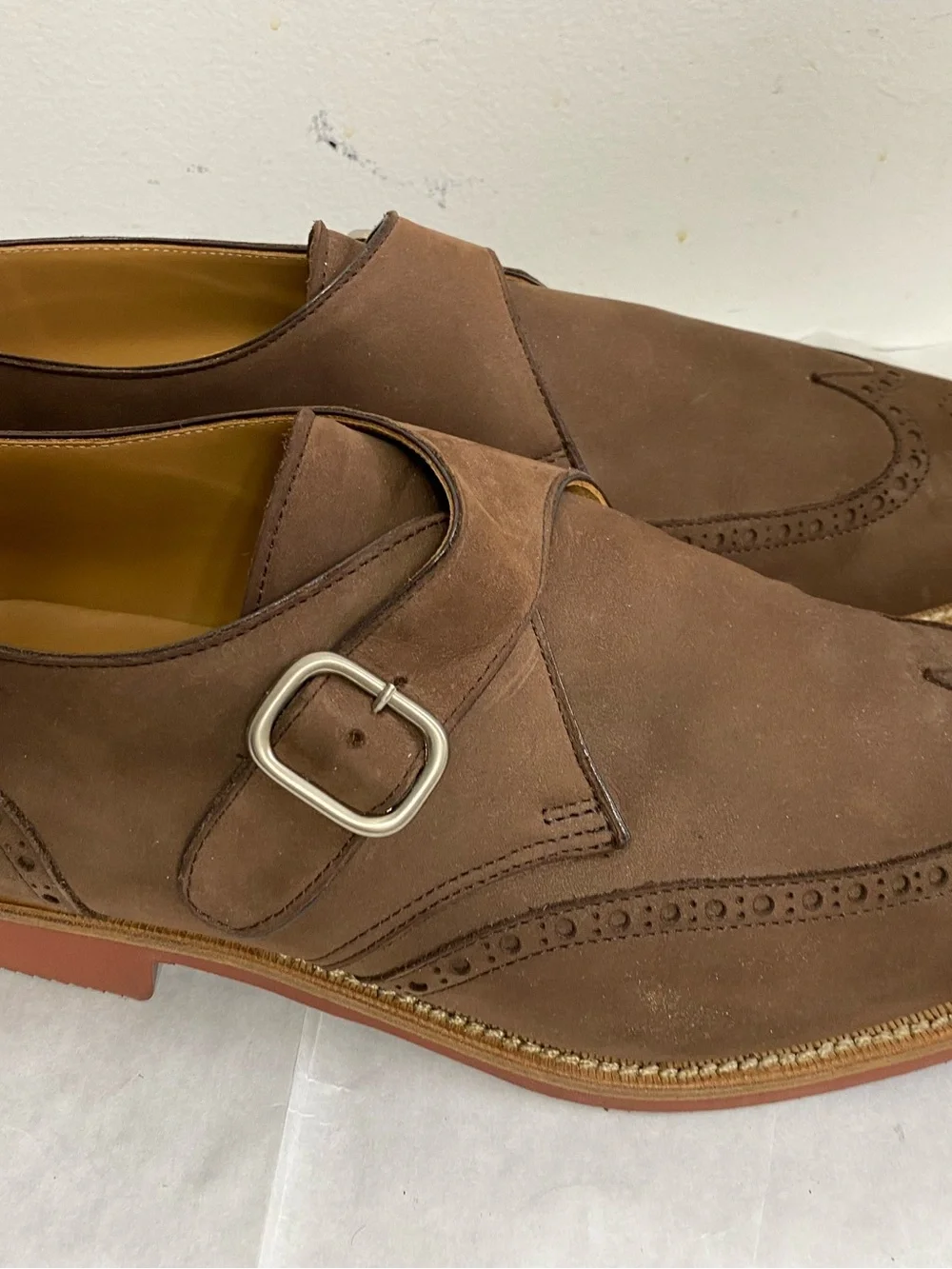 Paul Stuart Suede Brogue Wingtip Monk Strap Loafers. Made in Italy. Size13